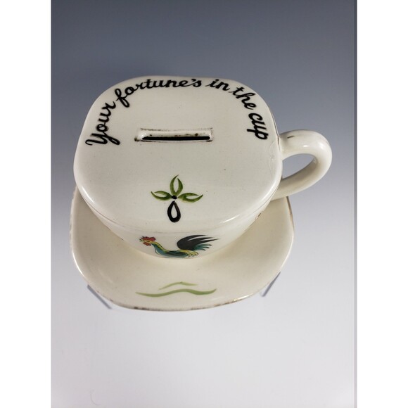 Tea Cup Shaped Coin Bank Your Fortunes in the Cup w Rooster Pennsylvania Dutch - Picture 5 of 10